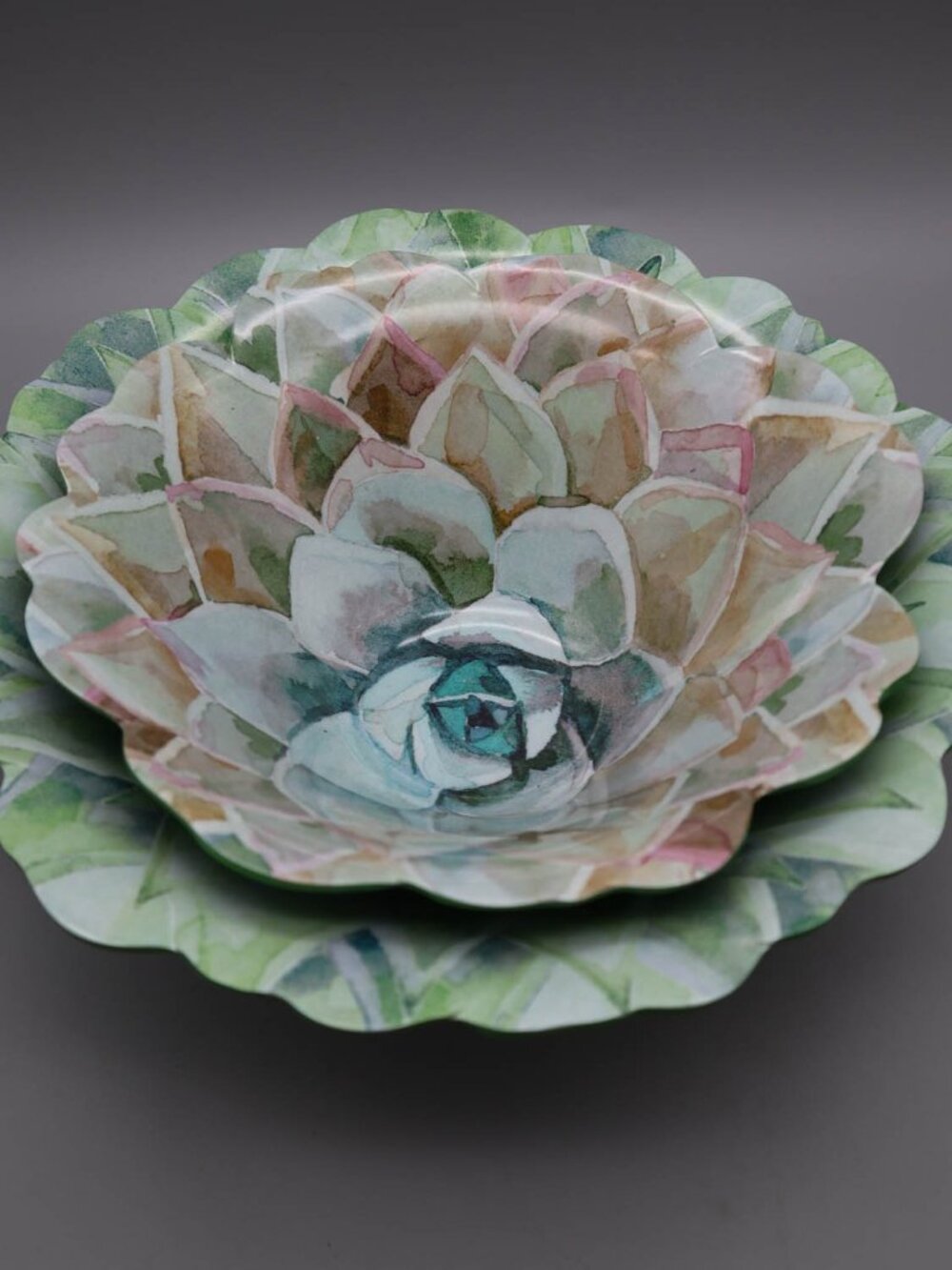 Set of 2 Nicole Miller Succulent Melamine Nesting Serving Bowls Boho Botanical
